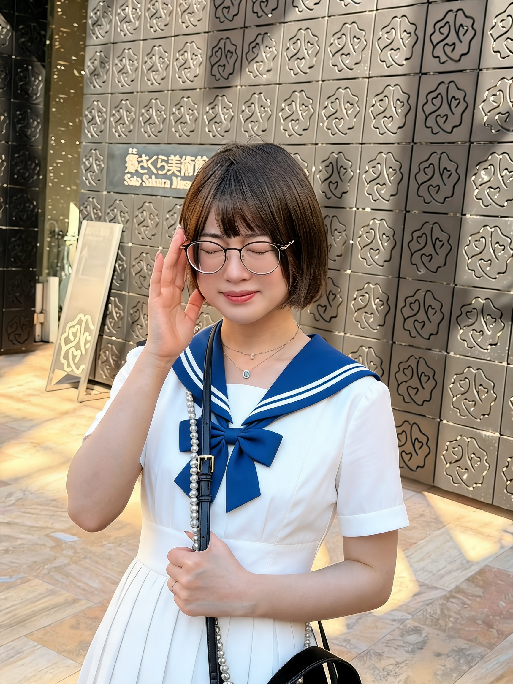 青いリボンの服で目を閉じるノア