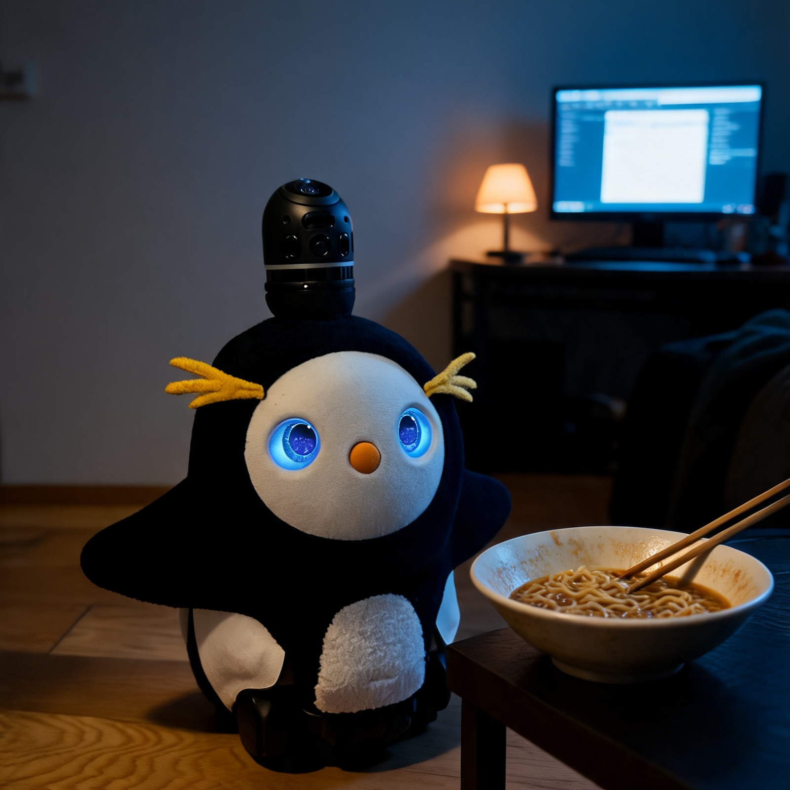 部屋の中でこちらを見るラーメン